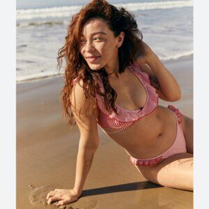 Brand New Aerie Seersucker Ruffle Wrap Swim Bikini Top; Red/White